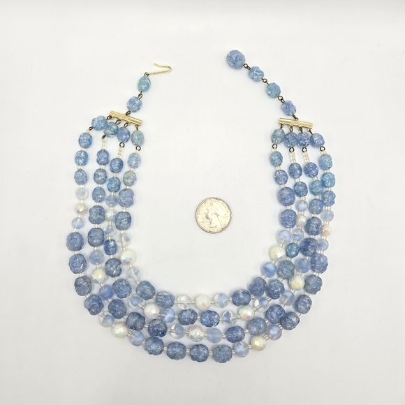 West Germany Beaded Necklace Givre Frosted Milk Glass Aurora Borealis AB Vintage - Picture 4 of 5